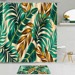 Douche gordijnen 2 stks groen gele palmblad gordijn tropische planten kleurrijke bladeren badkamer niet-slip badmat doek set decor