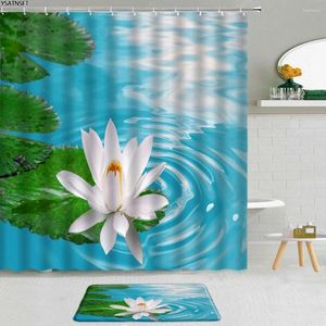 Douchegordijnen 2 stks witte lotus vijver gordijn groen blad hand geschilderde bloemen badkamer stof niet-slip badmat set decoratie