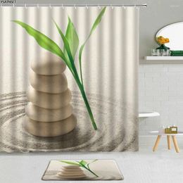Rideaux de douche 2pcs zen de pierre rideau de feuille de désert vert bambou lotus gêne papillon salle de bain pad de décoration de tapis de bain non glissant