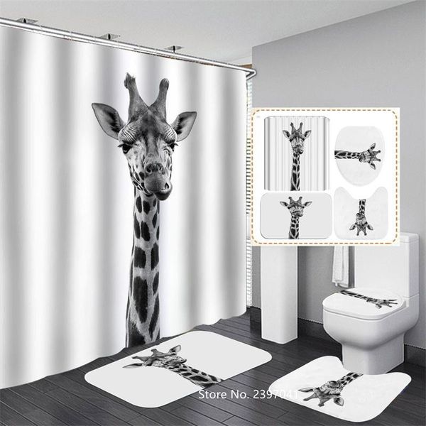 Rideaux de douche 3-4 animaux girafe cheval Lion rideau crochet gratuit imperméable U couverture de toilette tapis antidérapant salle de bain