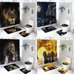 Rideaux de douche 3d Animal Curtain Set Mat Salle de bain Tiger Tiger Elephant Toilet Cover Bath Bath