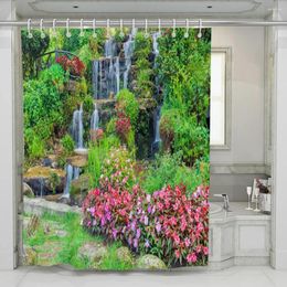 Courteaux de douche 3d Rideau de salle de bain Waterfall Garden Water Plant Fleur Fleur Courtette paysage décor de maison Bath Bath Polyester tissu Crochet