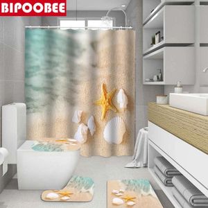 Rideaux de douche 3D plage salle de bain rideau océan étoile de mer coquille tapis de bain couvercle de toilette couvercle tapis antidérapant tapis de piédestal durable décor à la maison