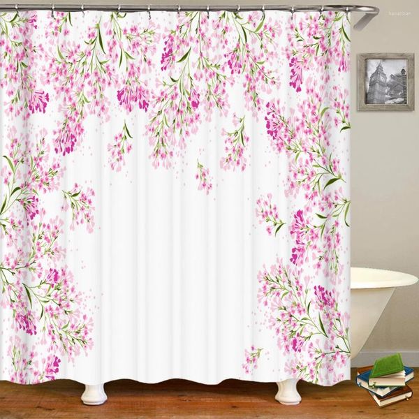Rideaux de douche 3d belles cerises fleur de fleur rose rideau de salle de bain polyester tissu lavable rideaux décoratifs180 200cm