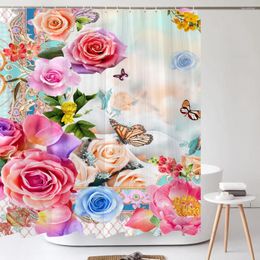 Cortinas de ducha 3D Hermosa flor rosa colorida Cortina de tela impresa Baño Cortina de baño de poliéster impermeable con 12 ganchos