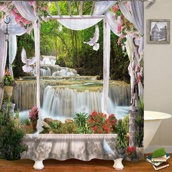 Cortinas de ducha 3D hermoso jardín rural flores pájaros paisaje impresión cortina poliéster impermeable baño partición pantalla