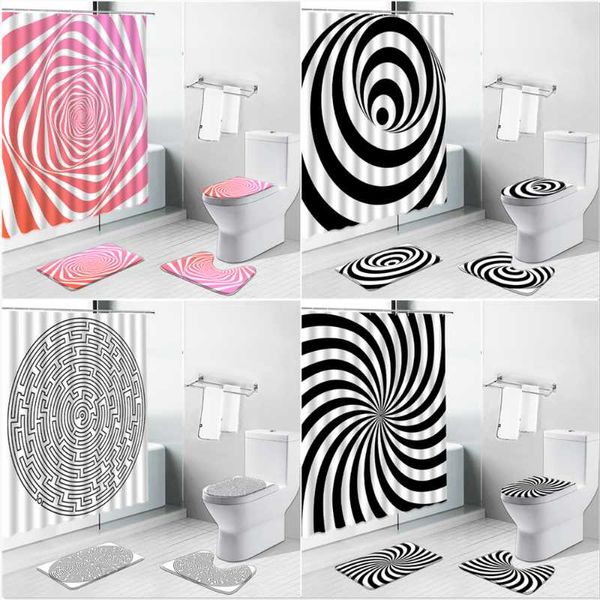 Rideaux de douche 3D noir blanc géométrique impression stéréoscopique tapis de bain rideau de salle de bain tapis antidérapants couvercle de toilette ensemble de tapis