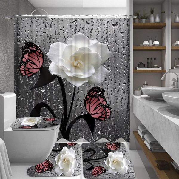 Rideaux de douche 3D papillon fleur tissu imperméable rideau salle de bain ensemble Polyester avec 12 crochets