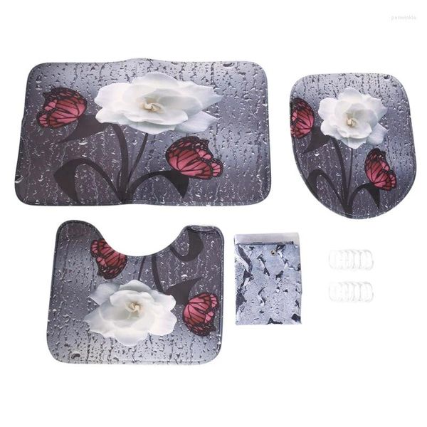 Rideaux de douche 3D papillon fleur tissu imperméable rideau salle de bain ensemble paysage tapis antidérapant couverture de couvercle de toilette