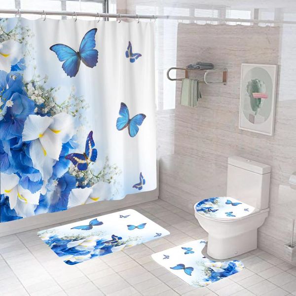 Rideaux de douche 3D Butfly Set Couleur imperméable tissu de salle de bain rideau de salle de bain Anti-Skid Tops Toilet Coud Cover Bath Mat Drop