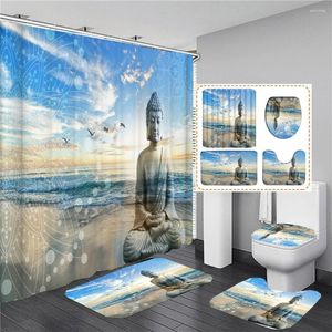 Douchegordijnen 3D China Boeddha toiletbedekking bad mat sets Chinese printbadkamer gordijnset waterdichte stof