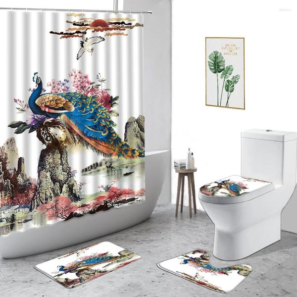 Cortinas de ducha 3D Estilo chino Bird de flores Pavos reales de pájaros Peony Mountain Agua de loto