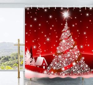 Douchegordijnen 3D Kerstboom Sneeuwvlok Twinkle Lights Rode Achtergrond Stof Badgordijn Met Haken Kerst Badkamer Decor Set