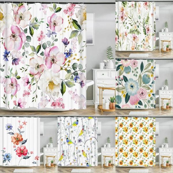 Cortinas de ducha 3D flores coloridas hojas pájaros impresión baño cortina impermeable con ganchos decoración del hogar baño de poliéster