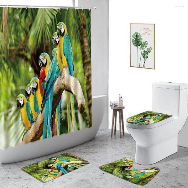 Cortinas de ducha 3D Cortina de loro colorido Decoración de baño de animales de bosque interesante de la alfombra de la alfombra del baño con ganchos con ganchos