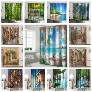 Rideaux de douche Rideau 3D Salle de bain Paysage Plage Tissu imperméable Décor de bain Cheval Cortinas De Ducha avec crochet goutte 180 180 cm