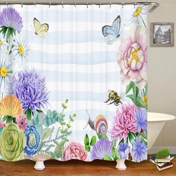 Rideaux de douche 3d rideau nordique fleurs de style herbe imprimées imprimées de baignoire en tissu en polyester pour salle de bain avec crochets