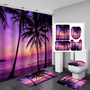 Rideaux de douche 3D crépuscule plage cocotier rideaux de douche imperméables violet Polyester ensembles de salle de bain couvercle de toilette couverture tapis de bain antidérapant tapis 230322