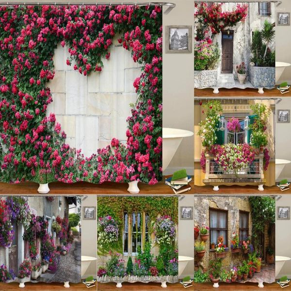 Rideaux de douche 3d European Rural Town Street Landscape Printing Salle de bain Afficier étanche rideau extérieur Décoration de paysage de fleurs