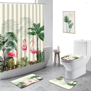 Rideaux de douche 3D Flamingo Rideau Tropical Animal Plante Palmier Paysage Salle de bain Décor Ensemble Tapis de bain antidérapant Couverture de toilette