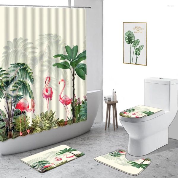 Cortinas de ducha 3D Cortina de flamenco Planta de animal tropical Palmera Paisaje Decoración de baño Conjunto de decoración de baño antideslizante Alfombra de baño Cubierta de inodoro