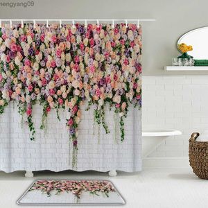 Rideaux de douche 3D fleurs impression murale rideau de douche ensemble Rose papillon oiseau bain écran imperméable salle de bain rideaux Slip tapis de bain tapis R230822