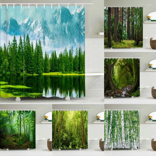 Rideaux de douche 3D Paysage d'arbres forestiers avec crochets Rideau de salle de bain en polyester imperméable Paysage naturel Décor à la maison