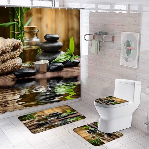 Rideaux de douche 3d vert bambou fleur galet de salle de bain imprimé rideau de douche verte pantalon de salle de bain paysage rideaux de bain de bain non glissant couvercle