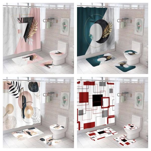 Rideaux de douche 3D luxe salle de bain rideau ensemble moderne géométrique orné rouge Rose tapis de bain couvercle de toilette couverture tapis décoration de la maison