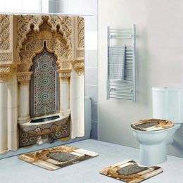 Douchegordijnen 3d Marokkaanse architectuur Islamitische moskee deur badkamer gordijnset marrakech gebouw badmatten tapijten toiletdecoratie