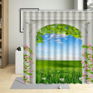 Douchegordijnen 3D Natuurlijk Landschap Gordijn Europese Boogbrug Groene Plant Bloem Tuin Ontwerp Badkamer Decoraties Polyester