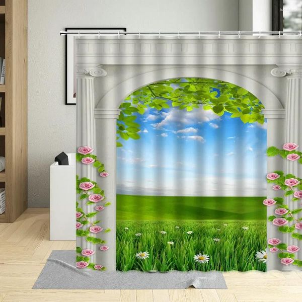 Rideaux de douche 3D paysage naturel rideau européen pont en arc plante verte fleur jardin design décorations de salle de bain polyester