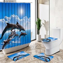 Rideaux de douche 3D océan conception dauphin baleine animal rideau de douche mer paysage décor tapis de bain antidérapant couverture de toilette flanelle salle de bain tapis ensemble Y240316