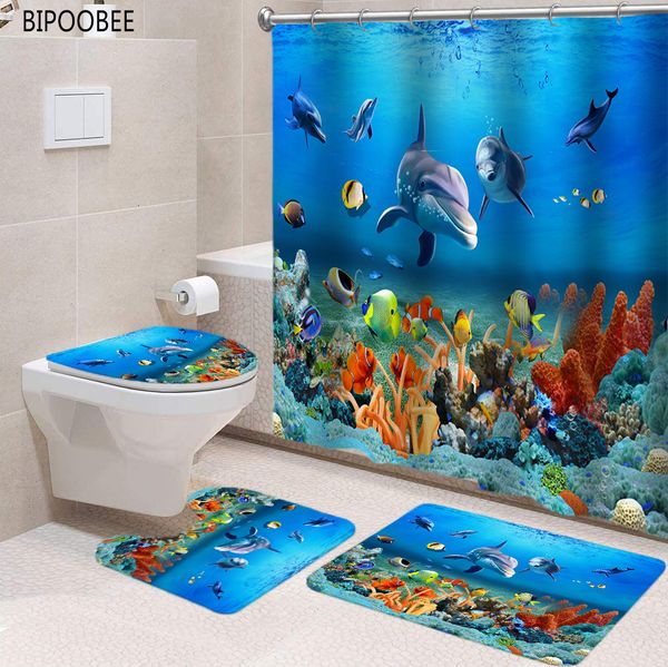 Cortinas de ducha 3D Océano Fondo marino Animales Cubierta de inodoro Conjuntos de alfombrillas de baño Estampado de delfines de peces Juego de cortinas de baño Cortinas de ducha de tela impermeable 230303