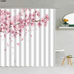 Rideaux de douche 3d rose cerise rideau de fleur de fleur de fond blanc pêche fleurs de paysage tissu tissu de salle de bain tissu avec crochets