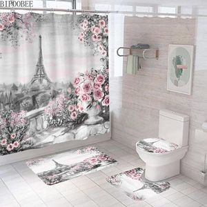 Rideaux de douche 3d rose rose eiffel Tower imprimé huile peinture art salle de bain rideau toilette couvercle couvercle de bain de tapis sans glissement