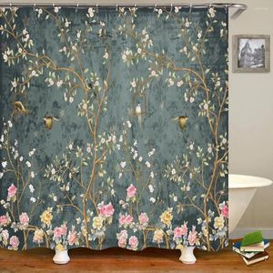Rideaux de douche 3d plantes fleurs et oiseaux rideaux imperméables imprimés avec hook en polyester de salle de bain décoration