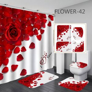 Douchegordijnen 3D -print bloemen Badgordijn Waterdichte stof Romantisch rode roos douchegordijn Love Heart For Valentine's Day Badkamer Decor 230820
