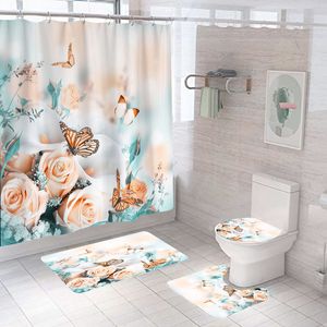 Rideaux de douche Impression 3D Fleurs Rideau de bain Papillon Salle de bain Polyester Tissu Floral Écran imperméable avec crochets 230422