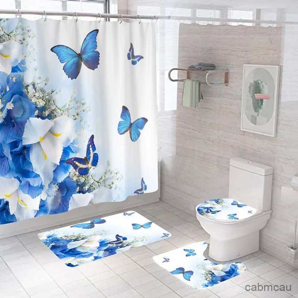 Rideaux de douche Impression 3D Fleurs Rideau de bain Papillon Rideaux de salle de bain Tissu en polyester Rideaux de douche floraux Écran imperméable avec