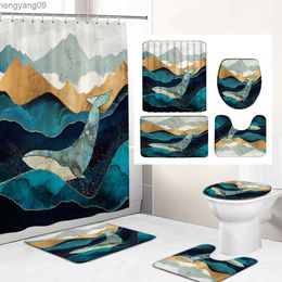 Rideaux de douche Impression 3D coucher de soleil paysage baleine rideau de douche salle de bain rideaux ensemble anti-dérapant tapis de bain tapis couvercle couverture tapis R230822