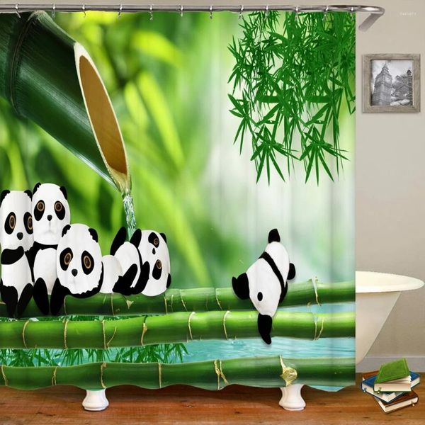 Rideaux de douche 3D Carton imprimé mignon rideau de panda Green Plant Bamboo Polonaire de salle de bain Polyester étanche avec crochet