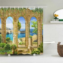 Rideaux de douche 3D imprimé style grec rétro colonne romaine rideau de bain imperméable idyllique maison européenne paysage décor salle de bain