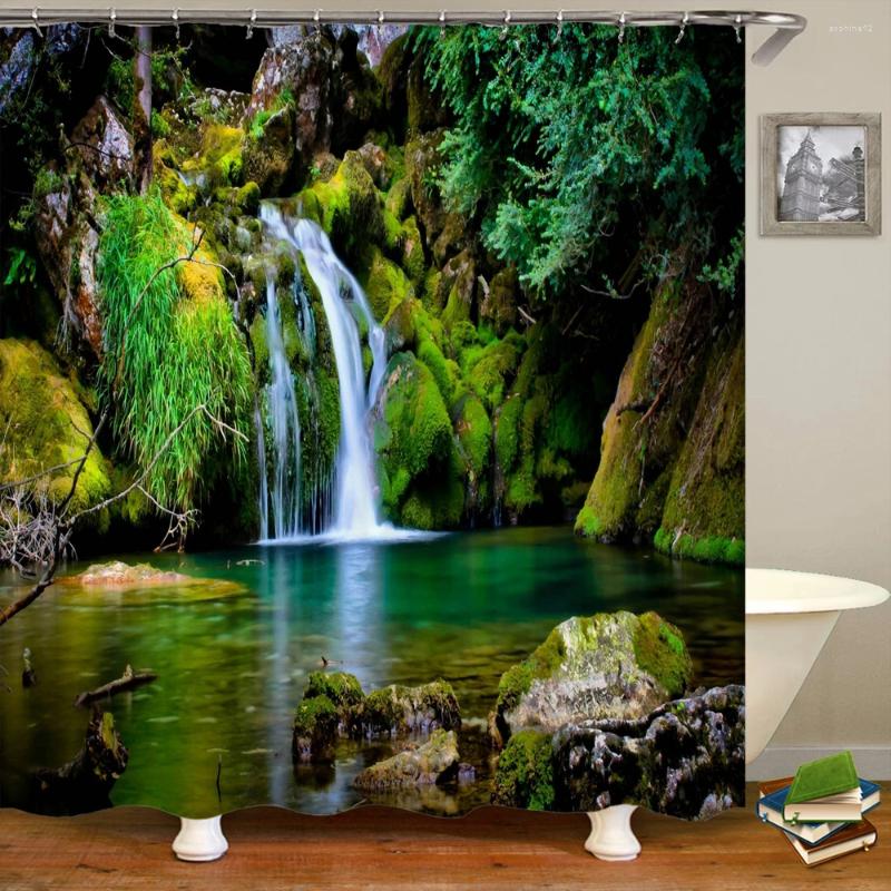 Douchegordijnen 3d geprinte waterval boslandschap gordijn gordijn polyester stof waterdichte badkamer met haken bad 180 200