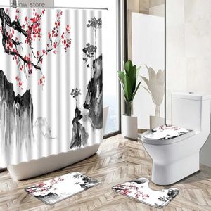 Rideaux de douche Impression 3D Fleur chinoise et encre d'oiseau Paysage Rideau de douche Ensemble Décor à la maison Tapis de bain Couverture de toilette Flanelle Tapis de salle de bain Y240316