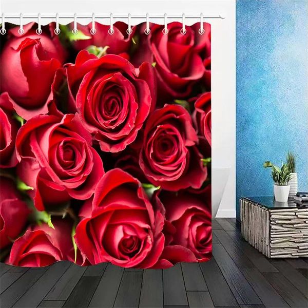 Cortinas de ducha 3D Red Rose Baño Impresión impermeable para sala de estar Juego de cortinas Alfombras de baño