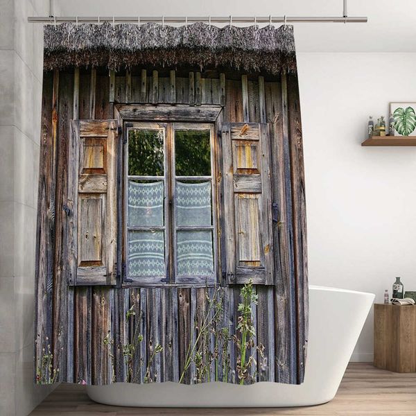 Rideaux de douche 3D rétro jardin rideau de douche maison en bois porte en bois fenêtre impression photographie fond rideau décor à la maison salle de bain rideau