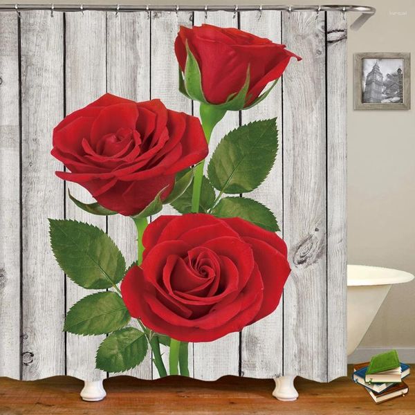 Rideaux de douche 3D rétro rouge Rose fleur impression salle de bain rideau Polyester imperméable avec crochet écran de décoration de la maison