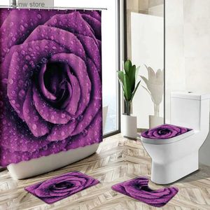 Douchegordijnen 3D Rose Badkamergordijn Set Natuur Bloemen Creatief Water Bloemen Waterdicht Douchegordijnen Toilethoes Mat Antislip Badmat Y240316