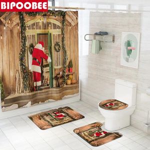 Douchegordijnen 3d Santa Claus levert geschenkpatroon Badkamer Gordijn Gordijn Woon huis Merry kerstbad Mat Toilet Cover niet-slip Tapijten